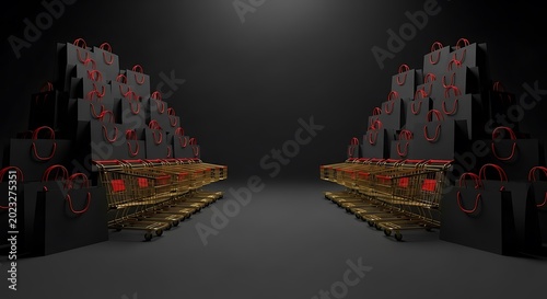 Abstract geometric structures with red accents against dark background