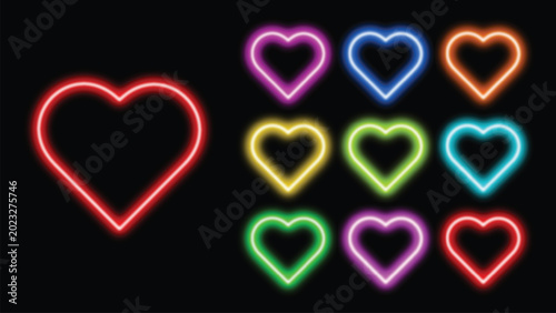 Neon heart suit icon. Glowing neon hearts sign, outline card suit symbol and silhouette vector icon set