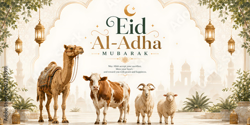 Eid Al-Adha Mubarak Landscape Banner with Camel, Cow, Goat, and Sheep, Elegant Typography with Hanging Lanterns, Islamic Festival Social Media Post Vector Template