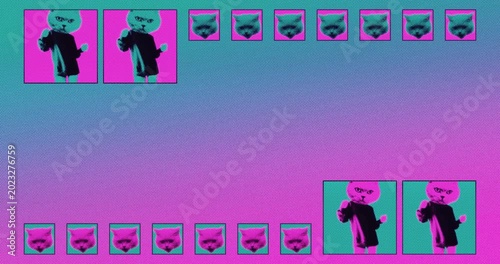 Pop art cat person pattern animation with copy space frame, colorful seamless loop of retro neon kitten head characters, vaporwave and funny meme style motion graphic background