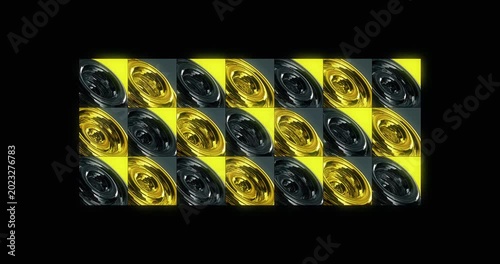 Abstract geometric 3d pattern of rotating gold and black liquid spirals, seamless loop animation of shiny metallic fluid vortex shapes, futuristic high tech VJ loop
