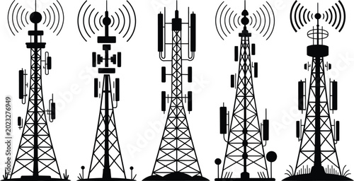 telecommunication radio antenna and cell phone tower silhouettes vector