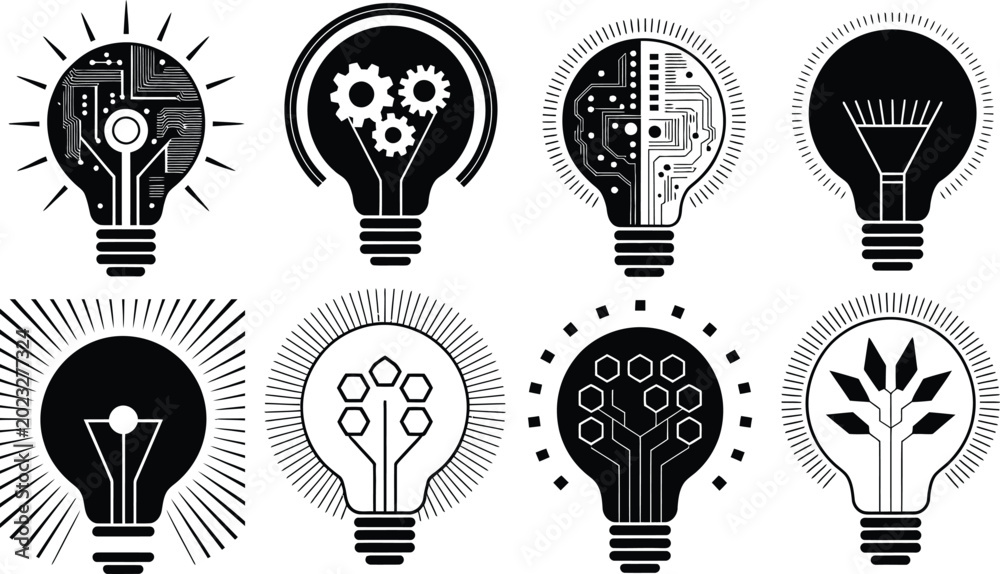 Fototapeta premium Technology Lightbulb Icon Set, Innovation, Circuit and AI Idea Vector