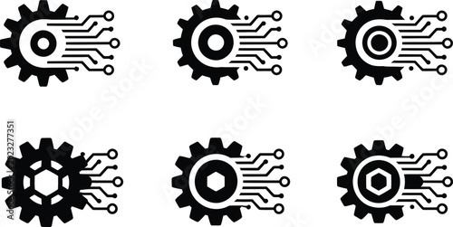 Digital technology gear and circuit board icon set. Automation and engineering vector symbols