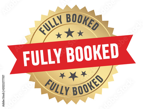 Foto fully booked label golden burst badge with red ribbon isolated on white backgrou