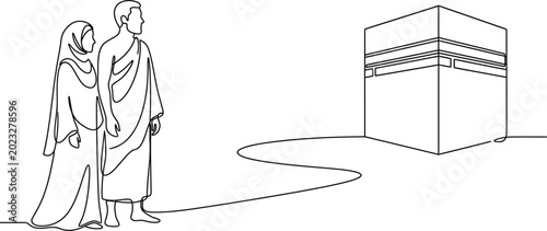 Schilderij op canvas Continuous line art of a Muslim couple performing Hajj pilgrimage at the Kaaba 1