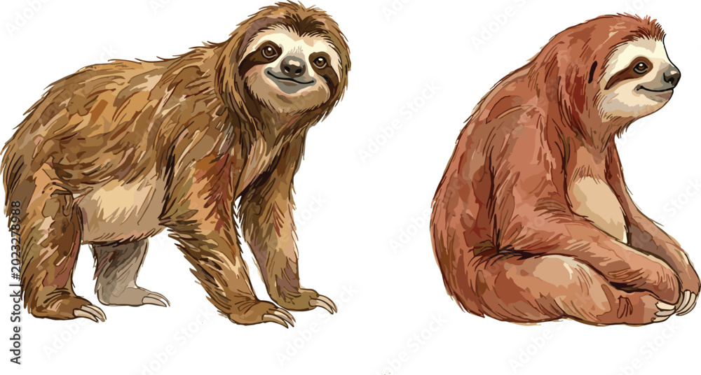 Fototapeta premium Cute Sloth Animal Vector Illustration Set Featuring Tropical Wildlife Characters for Jungle Nature and Children Design Projects