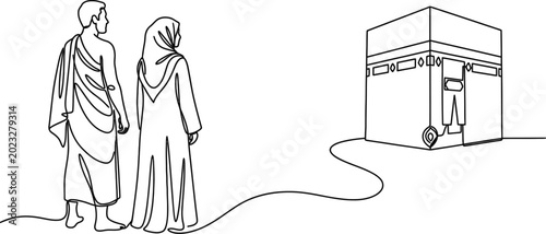 Canvas Print Continuous line art of a Muslim couple performing Hajj pilgrimage at the Kaaba