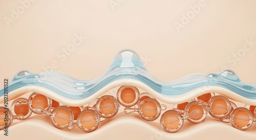 3D render of a skin layer with orange vitamin serum capsules and blue hydration wave for beauty and cosmetic treatment
