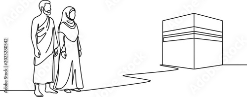 Foto Continuous line drawing of a Muslim couple performing Hajj pilgrimage in front of the Kaaba 1