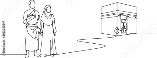 Photos Continuous line drawing of a Muslim couple performing Hajj pilgrimage in front of the Kaaba