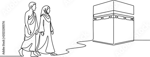 Canvastavla Continuous line drawing of a Muslim couple performing Hajj pilgrimage near the Kaaba