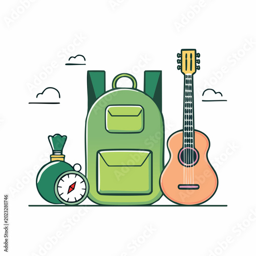 Backpack, Guitar, and Compass for Travel and Adventure