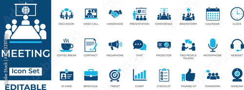 Business meeting, conference, and teamwork editable vector icon set. Flat two-color design featuring presentation, video call, and office essentials.