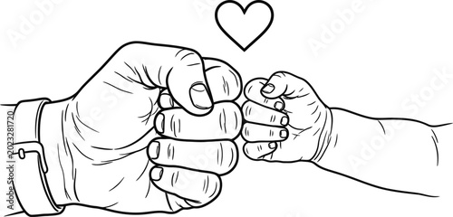 Foto Black and white line art illustration of a father and baby fist bump with a heart
