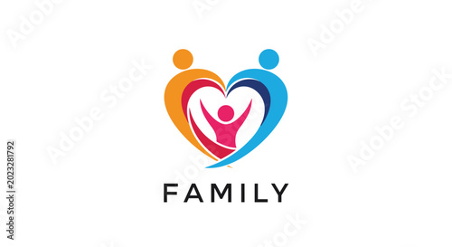 Colorful family logo featuring abstract figures forming a heart shape, representing love, unity, and communal support for all generations.