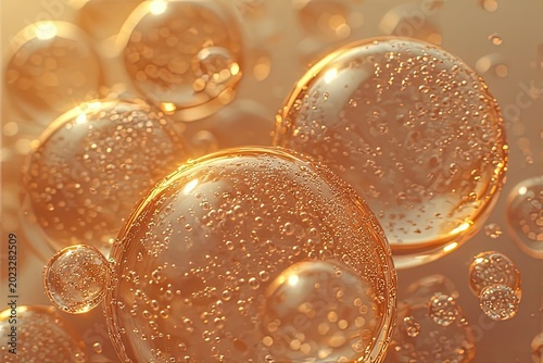 Golden sparkling oil bubbles macro close-up with shimmering golden particles and bokeh effect for luxury cosmetic, skincare or beauty product background design
