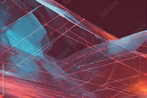 Abstract fluid wave composition with translucent coral and teal glass-like layers, modern digital art background with flowing geometric forms.

