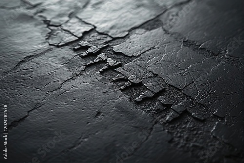 Macro close-up of a dark, cracked surface with a jagged stepped fracture line, abstract grunge and tectonic decay texture background.
