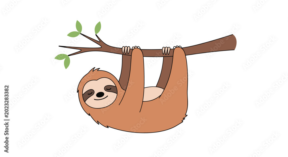Fototapeta premium Adorable sloth smiling while hanging from a tree branch with green leaves on a simple white background in a cute cartoon style.