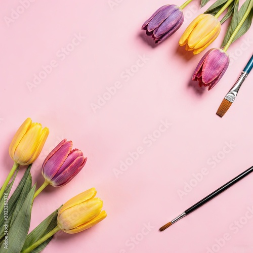 Pink background with yellow and purple tulips, paintbrushes — spring art concept for creative projects, social media, or branding
