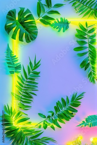 Tropical monstera and fern leaves arranged in vibrant neon gradient background — summer, nature, abstract design concept for digital art, social media, or branding

