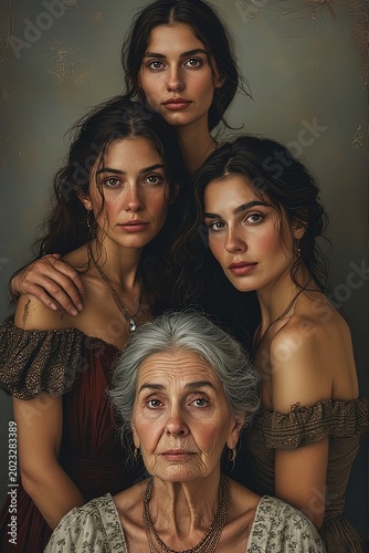 Portrait of four generations of women in a family, from grandmother to young girls, emotional and elegant classical style
