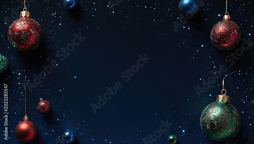Festive Christmas baubles hanging on a dark blue starry background, holiday greeting card with copy space