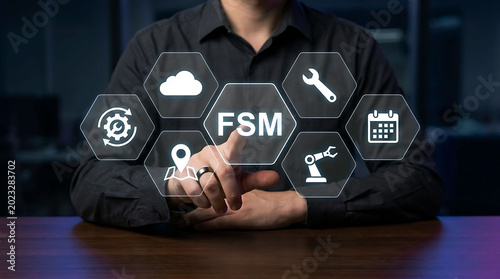 Field service management system FSM concept with digital hexagonal icons