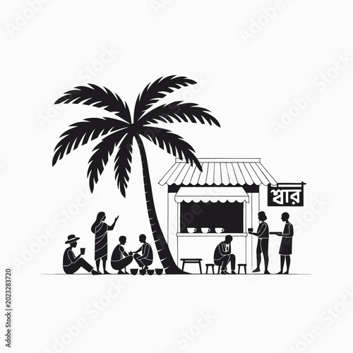 Quadro su tela Street Food Stall Under Palm Tree — Silhouette Scene with “খাবার” Sign for Bangl