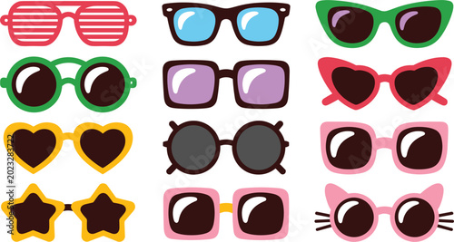 Colorful Sunglasses and Fashion Eyewear Icon Collection Featuring Retro Star, Heart, and Cat Eye Shapes for Summer Designs, Beach Party Graphics, and Posters
