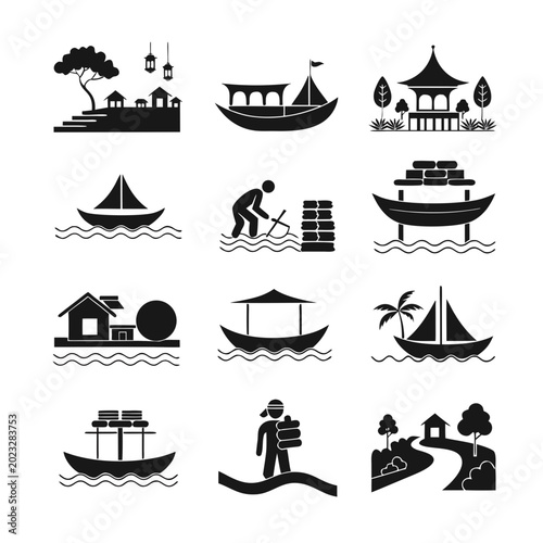 Tableau sur toile 12 Black Silhouette Icons: River Villages, Boats, Fishermen & Coastal Life — For