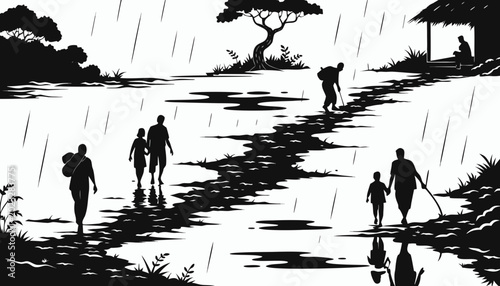 Photography Rainy Rural Path with Families Walking — Silhouette Scene for Climate Vulnerabil