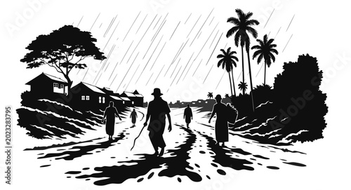 Schilderij op canvas Rural Village Path in Rain — Silhouette Scene with Palm Trees, Huts & Walkers fo