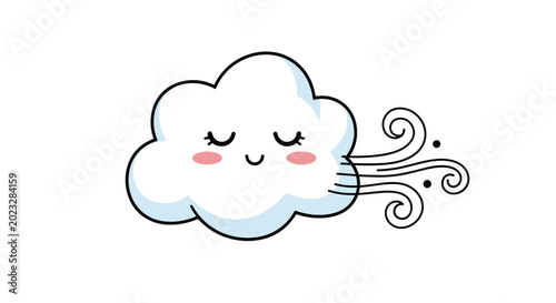 Cute smiling white cloud with rosy cheeks and closed eyes blowing gentle wind swirls on a plain white background.