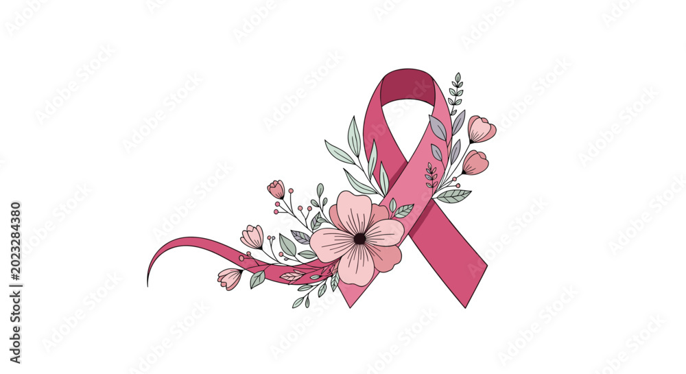 Fototapeta premium Elegant pink ribbon for breast cancer awareness decorated with beautiful hand drawn flowers and leaves for charity and health.