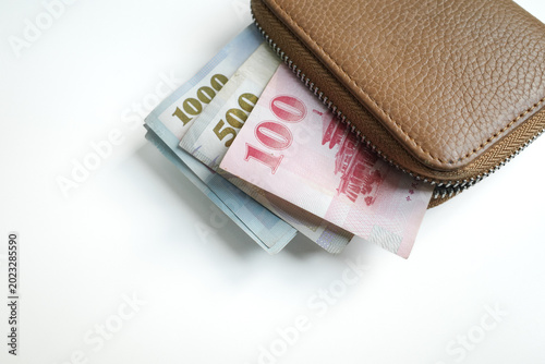Brown Wallet with New Taiwan Dollar Banknotes on White Background