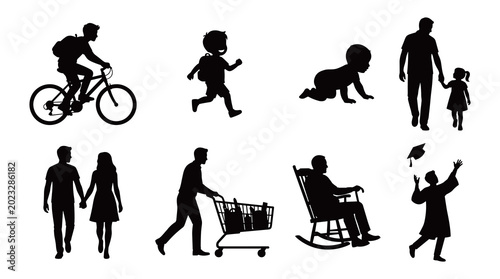 Human life cycle and daily activities silhouettes from crawling baby child running student cycling adult couple shopping to senior