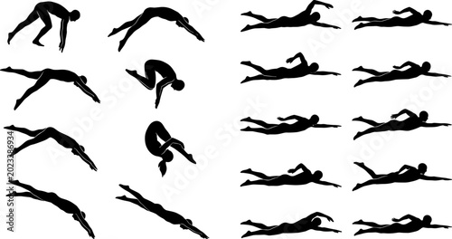 Tableau sur toile Swimming silhouette collection featuring diving, freestyle stroke, floating and
