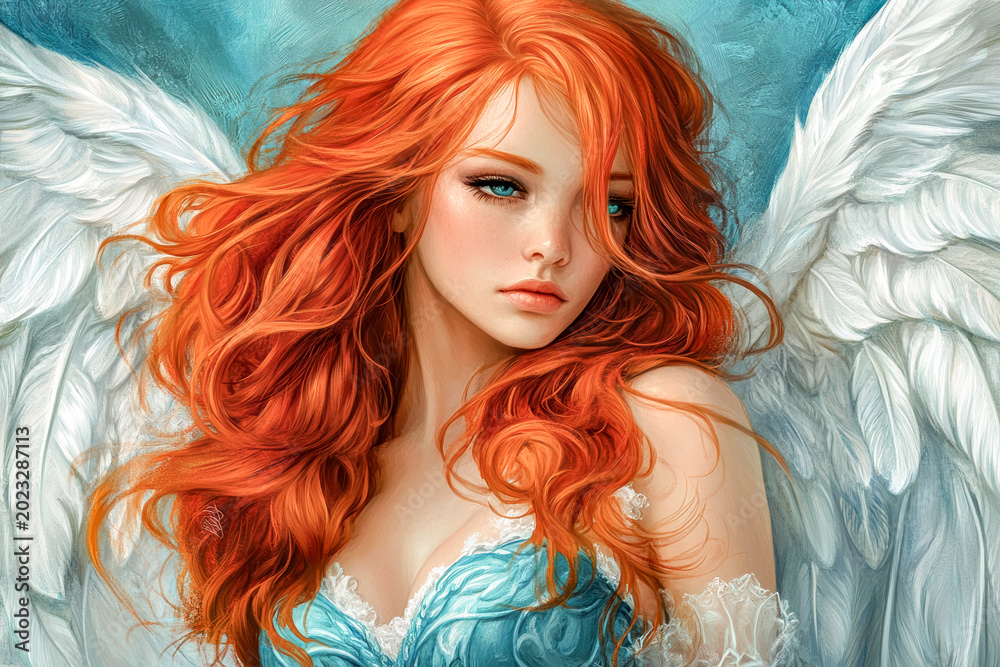 Obraz premium Colorful painted angel with vibrant wings, set against a mystical, swirling cosmic backdrop, symbolizing transformation and divine power.