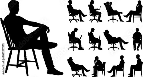 Photos Sitting people silhouettes set featuring men on chairs in relaxed, working and t
