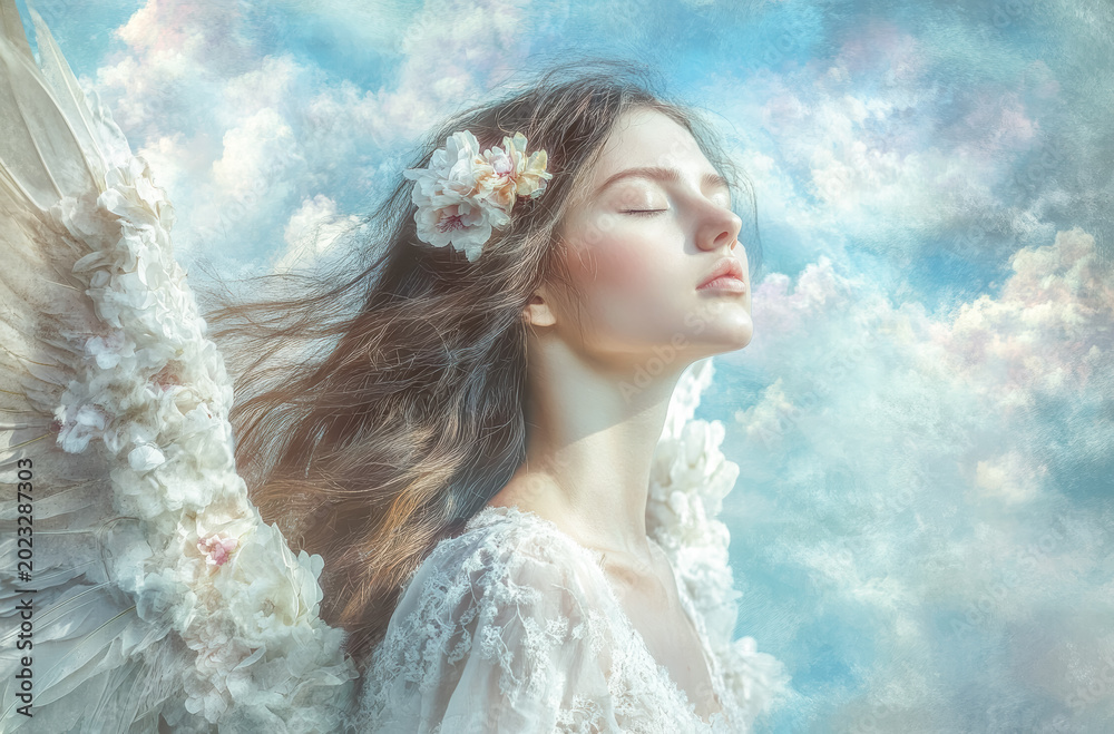 Fototapeta premium Colorful painted angel with vibrant wings, set against a mystical, swirling cosmic backdrop, symbolizing transformation and divine power.