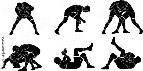 Fotografía Wrestling silhouettes collection featuring standing grappling and ground techniq