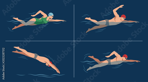 Bild auf Leinwand Silhouette collection of swimmers performing freestyle, butterfly, and breaststr