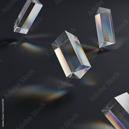 Transparent prism shapes with rainbow colors on dark background