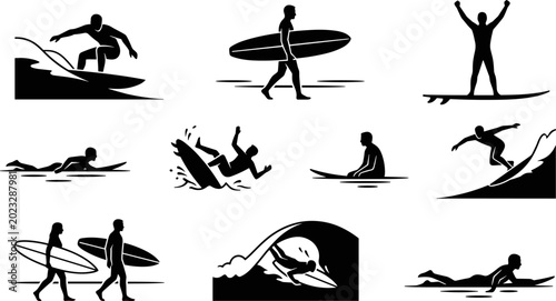 Canvas Print Surfing silhouette collection featuring surfers riding waves, paddling, walking