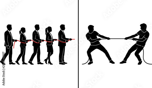 Cuadro en lienzo Teamwork and competition silhouette illustration showing business group pulling