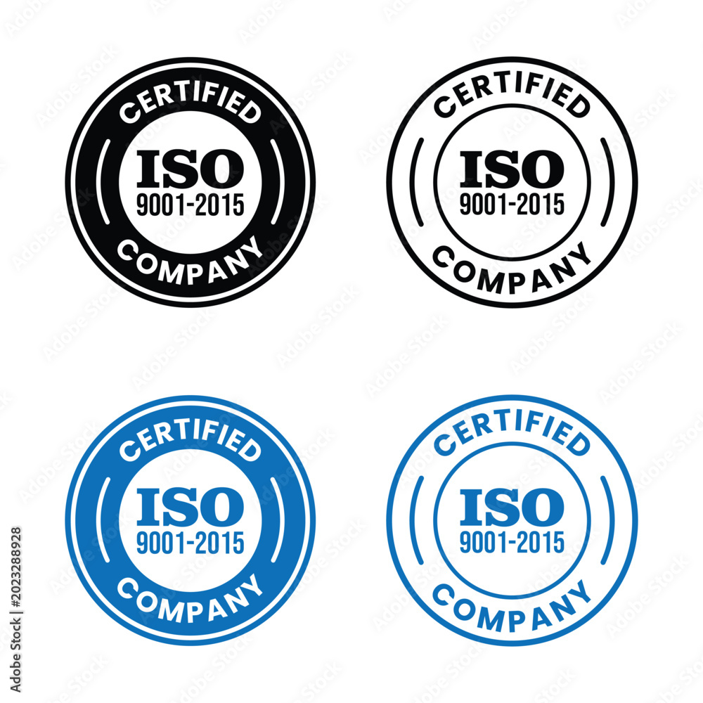 Obraz premium iso 9001 2015 certified company seals black and blue circular emblems on white background