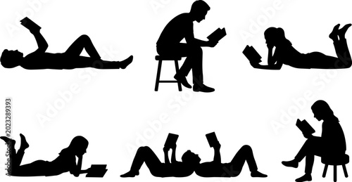 Bild auf Leinwand Reading people silhouettes set featuring men and women with books in relaxed pos