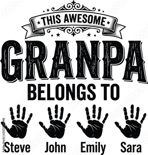 Bild auf Leinwand This Awesome Granpa Belongs To Grandchildren Custom Names Family Handprint Typog